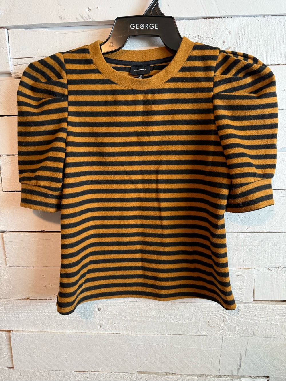 Who What Wear Mustard and Black Striped Puff Sleeve Tee